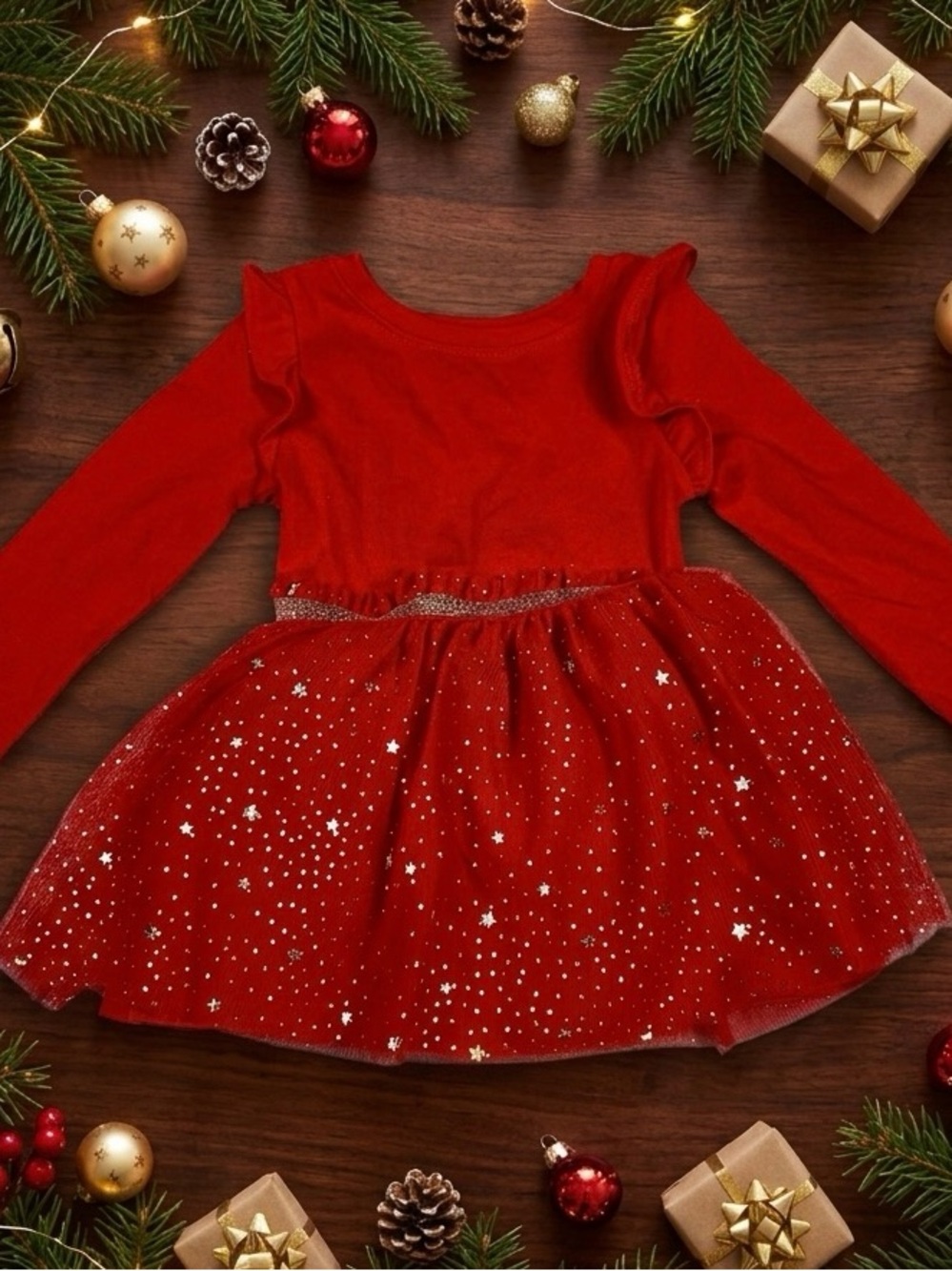 Cat & Jack Baby Girl Holiday Dress - Red Tulle with Gold Stars, Size 12M